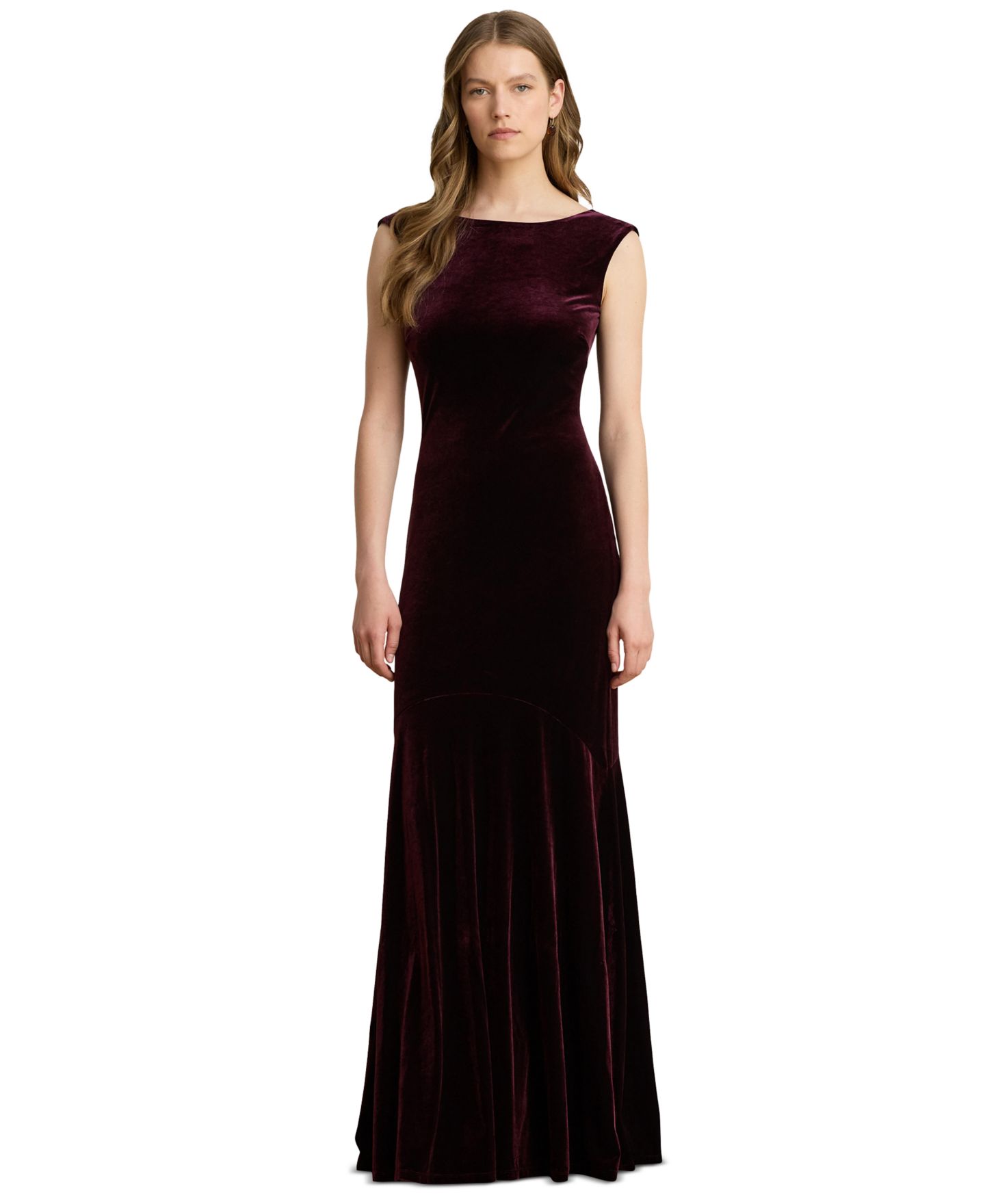 Женские платья Lauren Ralph Lauren Velvet Boatneck V-Back Gown, цвет: Тёмный гранатовый — фото 1