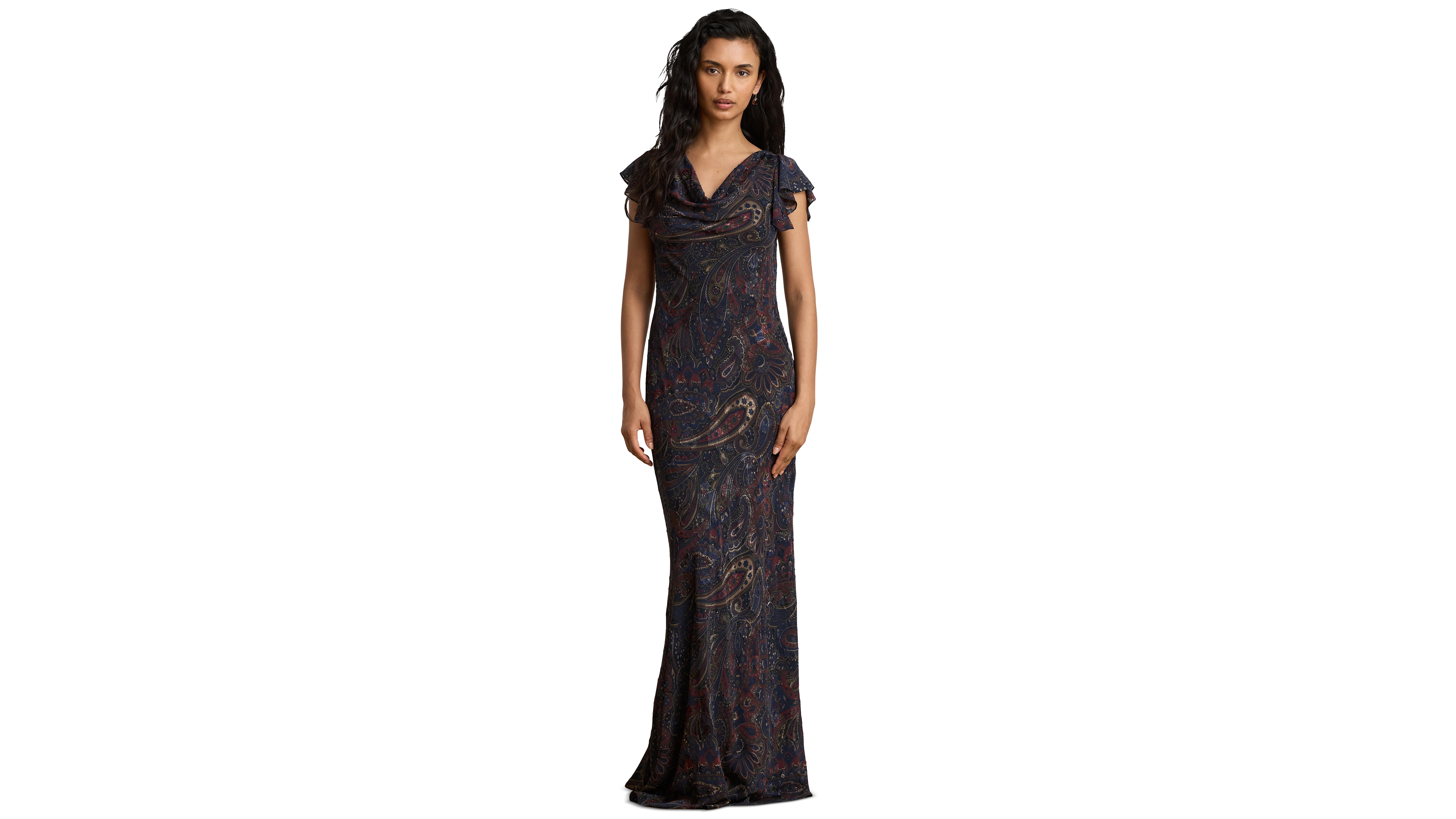 Lauren Ralph Women's Paisley Clipped Jacquard Cowlneck Gown