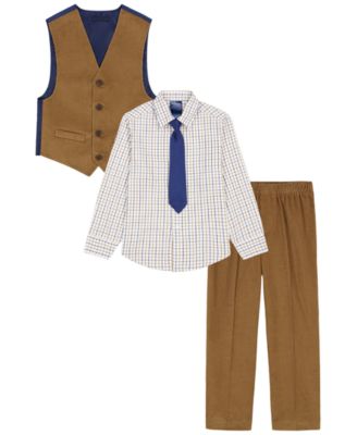 Baby Boys' Corduroy Check-Print Long-Sleeve Dress Shirt, Vest, Pants, and Tie, 4-Piece Set