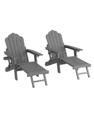 2Pcs Folding Adirondack Chair with Retractable Ottoman, Weather Resistant Fire Pit Patio Chair with Cup Holder Lawn Outdoor Lounge Chair