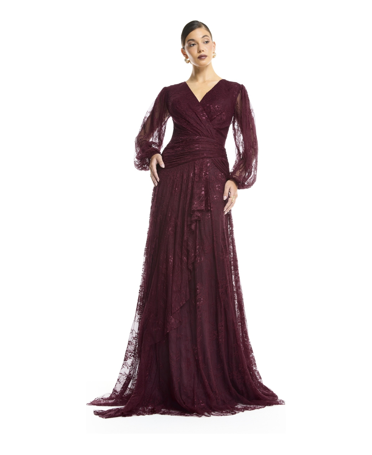 Amri Women's Wrap Lace Gown with Sheer Sleeves - Tiered Ruffle Draped Evening Dress