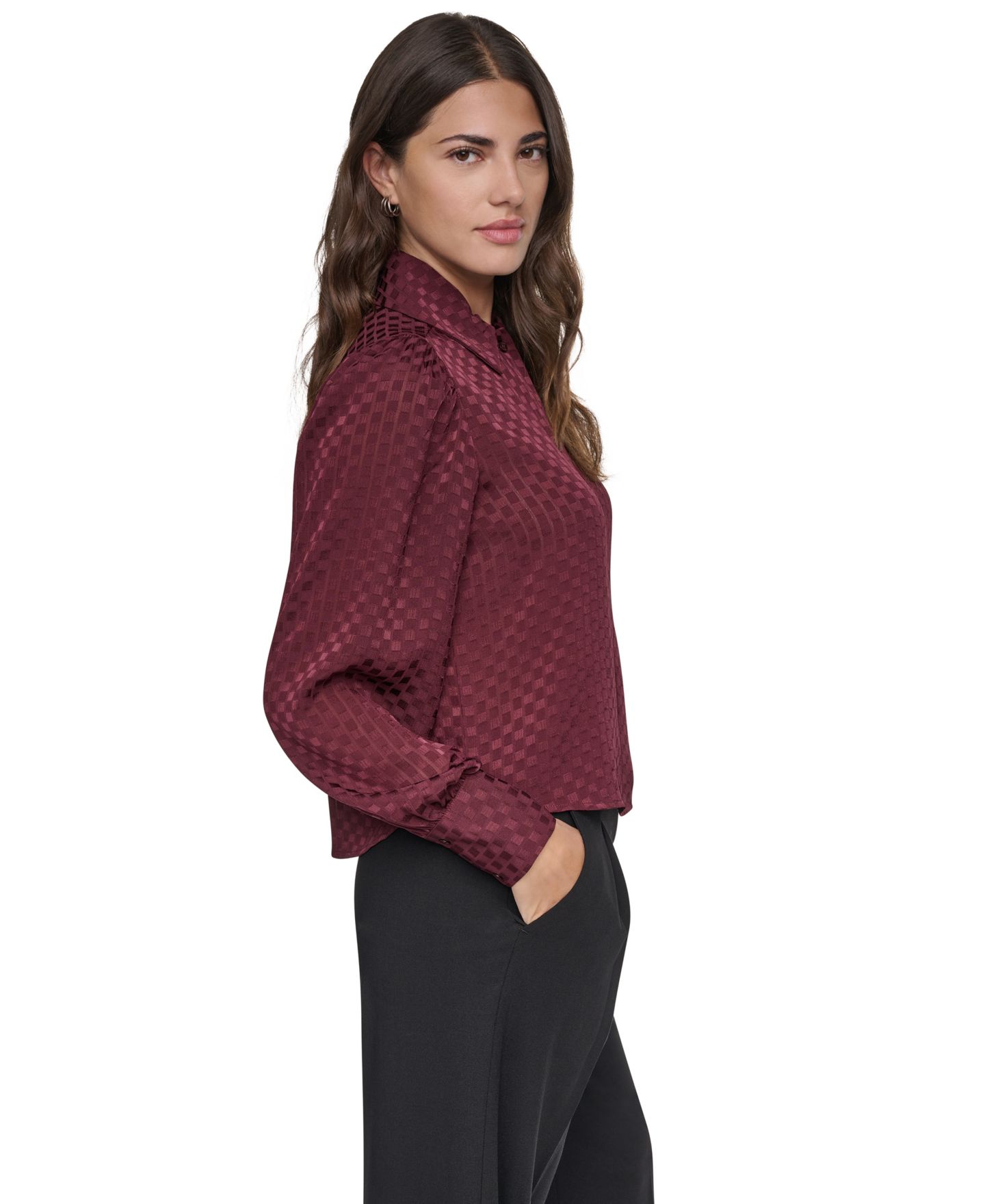 Женская блузка DKNY Petite Long-Sleeve Puff-Sleeve Button-Front Blouse, цвет: Каберне — фото 4