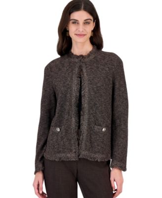 Petite Fringe Kissing Front Long-Sleeve Open-Front Cardigan