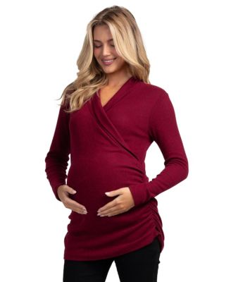Maternity Nursing Ribbed-Knit Crossover V-Neck Long-Sleeve Top