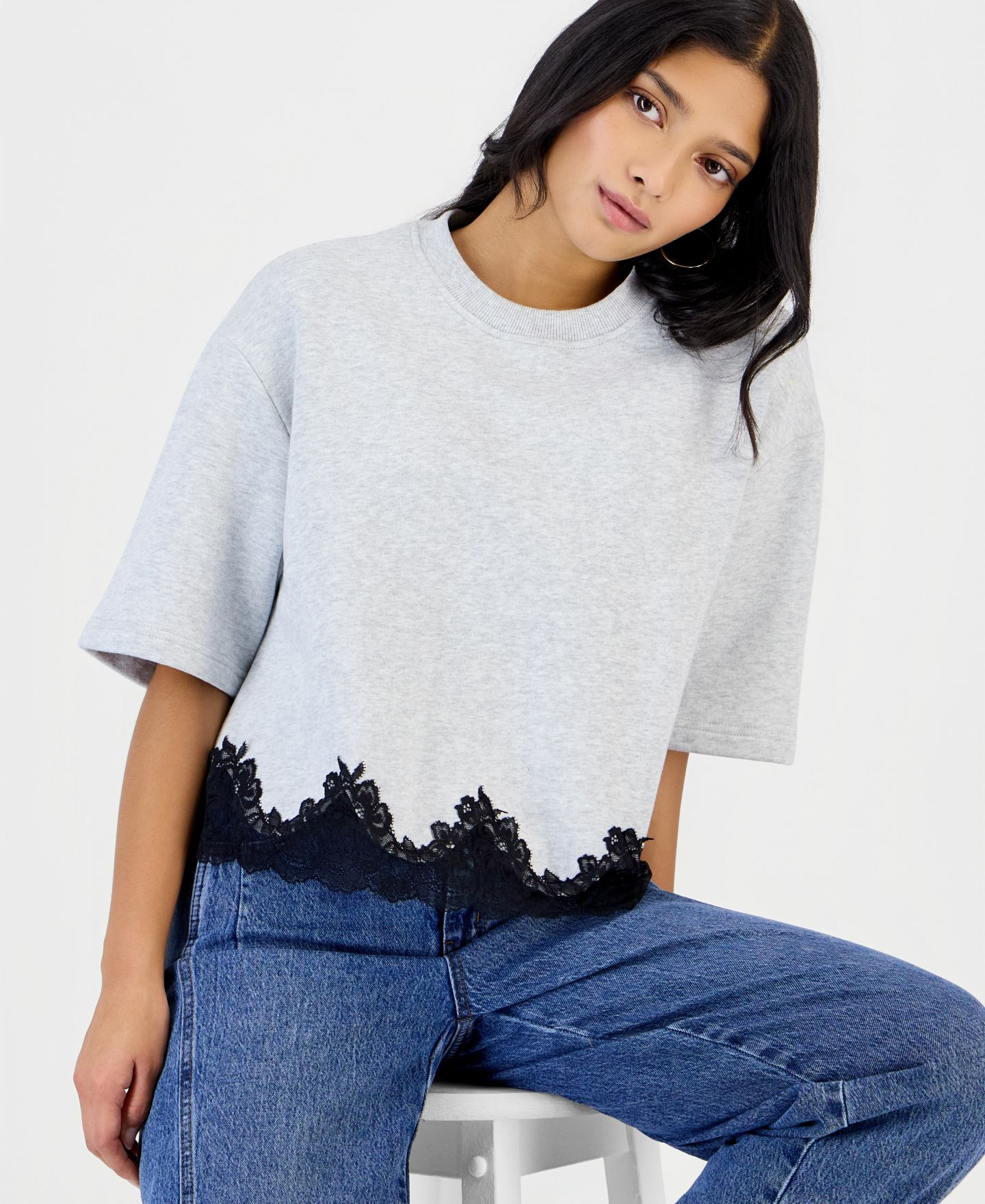 Женская толстовка And Now This Petite Lace-Trim Fleece Lounge Sweatshirt, цвет: Меланжевый серый — фото 2