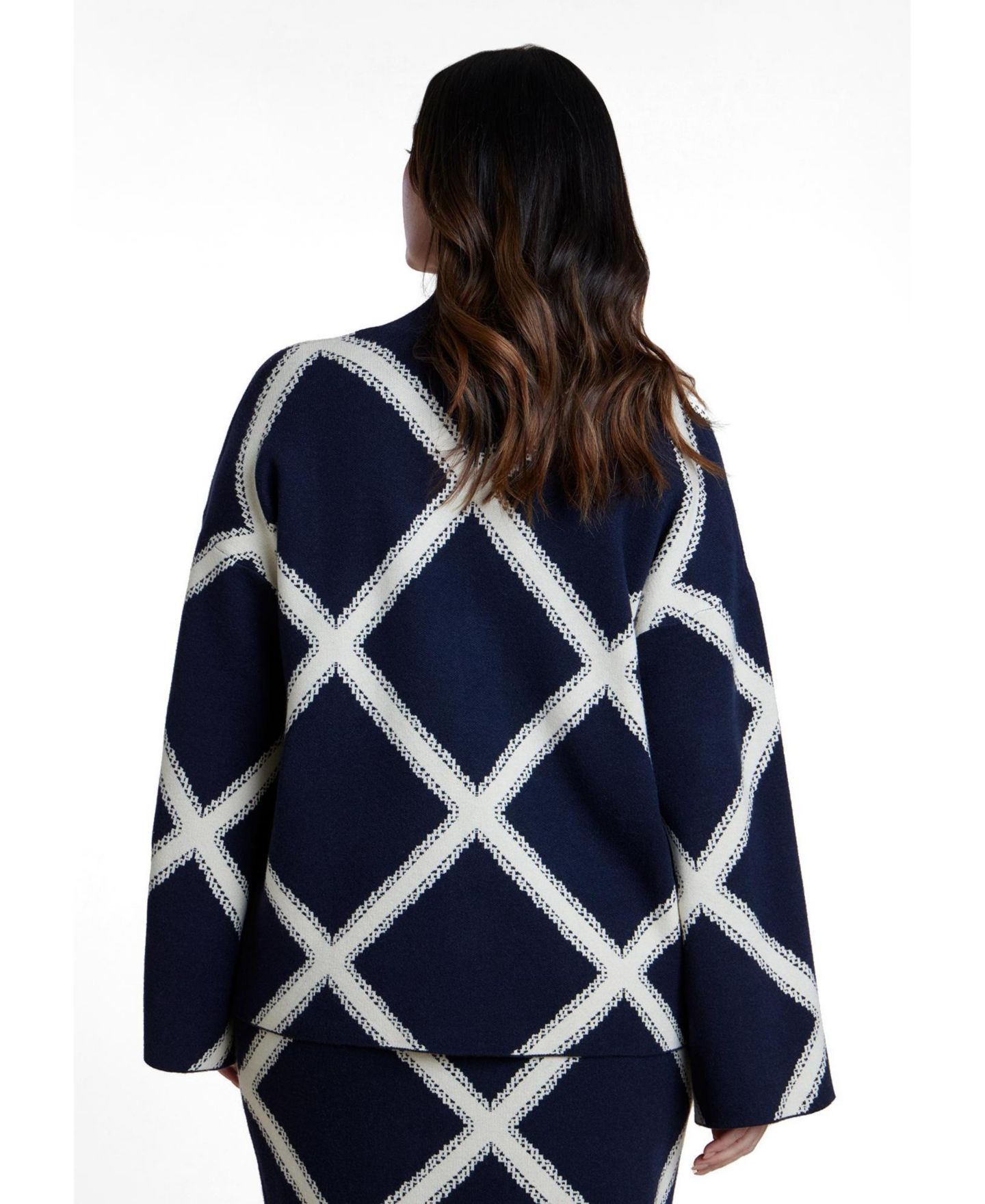 Женский свитер ELOQUII Mock Neck Intarsia, цвет: Тёмно-синий / Белый — фото 2