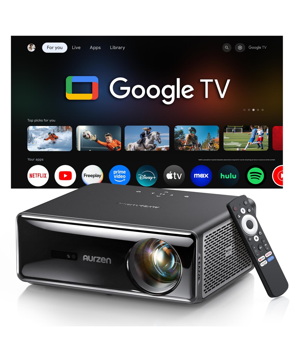 Aurzen Eazze D1 Max 1080P 1000-Lumen Portable Automatic Google Tv Projector - Black