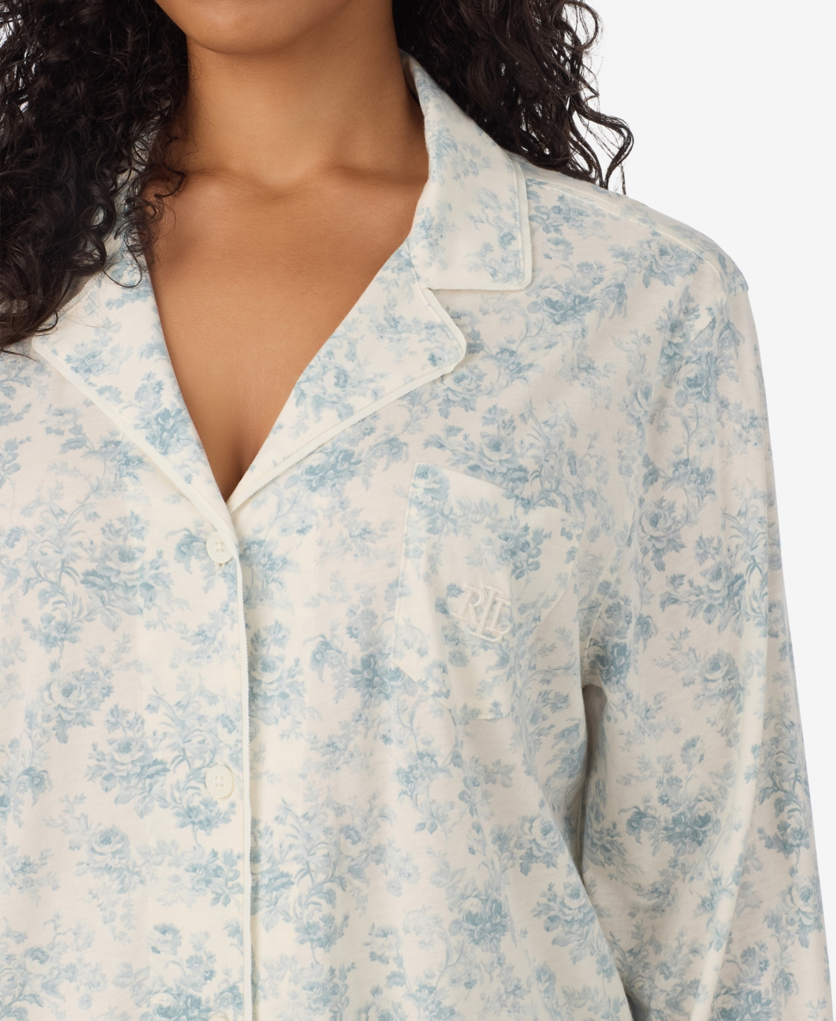 Lauren Ralph Lauren Plus Size Long-Sleeve Notch-Collar Floral-Print Top and Pajama Pants, 2-Piece Set