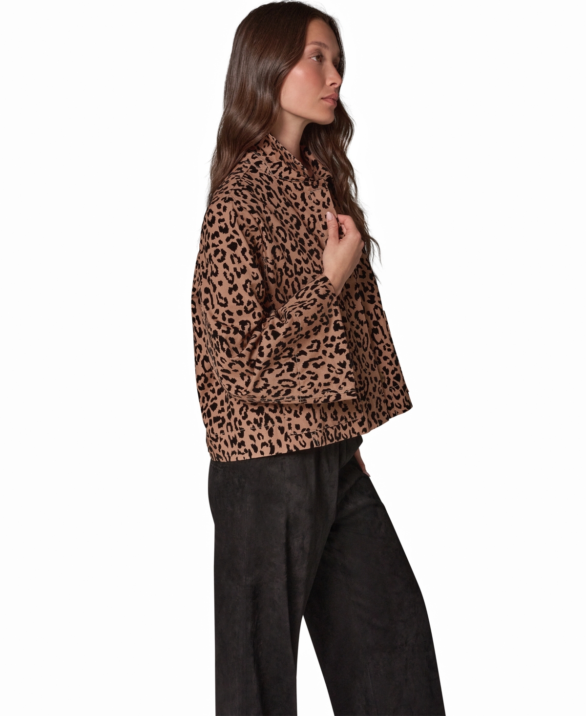 Donna Karan Weekend Women's Flocked Canvas Leopard-Print Bell-Sleeve Trapeze Jacket