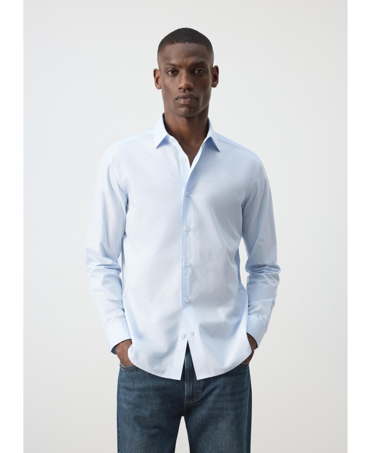 Mango Men's Long-Sleeve Button-Down Cotton Shirt - Sky Blue