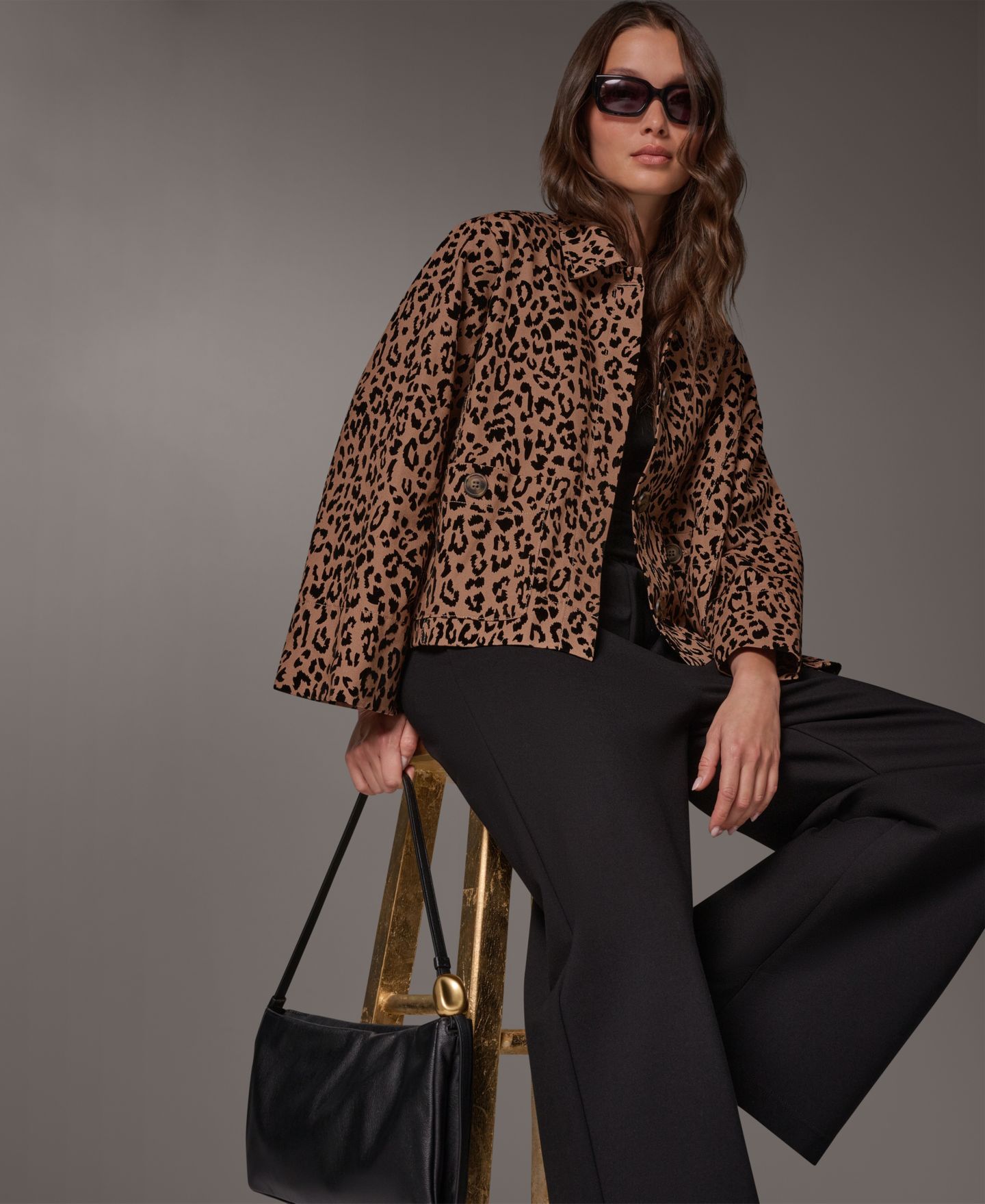 Женская куртка Donna Karan Weekend Flocked Canvas Leopard-Print Bell-Sleeve Trapeze, цвет: Верблюжий комбинированный — фото 15