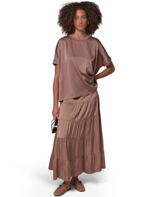 Women's Crewneck Boxy Blouse & Satin Midi Tiered Skirt