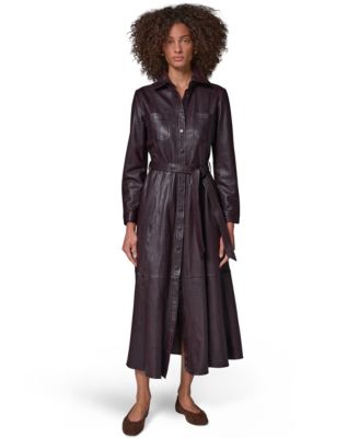 Women's Long-Sleeve A-Line Collared Leather Shirt Dress
