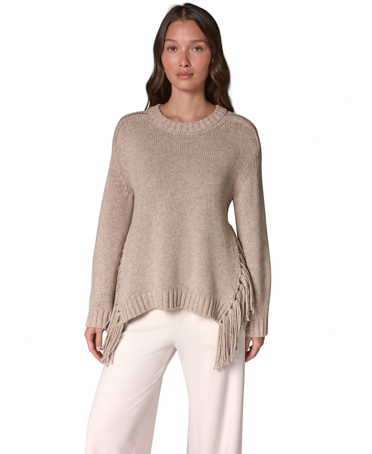 Женский свитер Donna Karan Weekend Crewneck Long-Sleeve Fringe, цвет: Латте меланжевый — фото 1