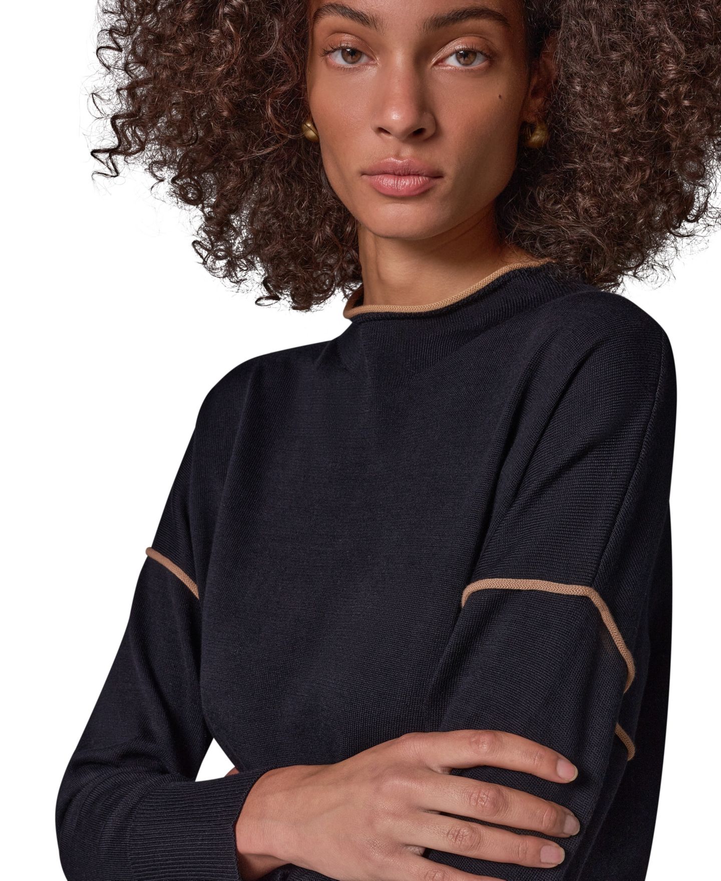 Женский хлопковый свитер Donna Karan Weekend оверсайз с воротником-стойкой, цвет: Чёрный / Верблюжий — фото 4