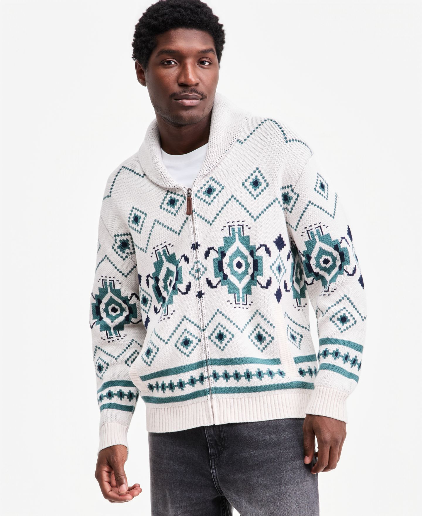 Мужская куртка Sun + Stone Fair Isle Full-Zip Shawl-Collar Sweater Jacket, цвет: Серо-бежевый — фото 1