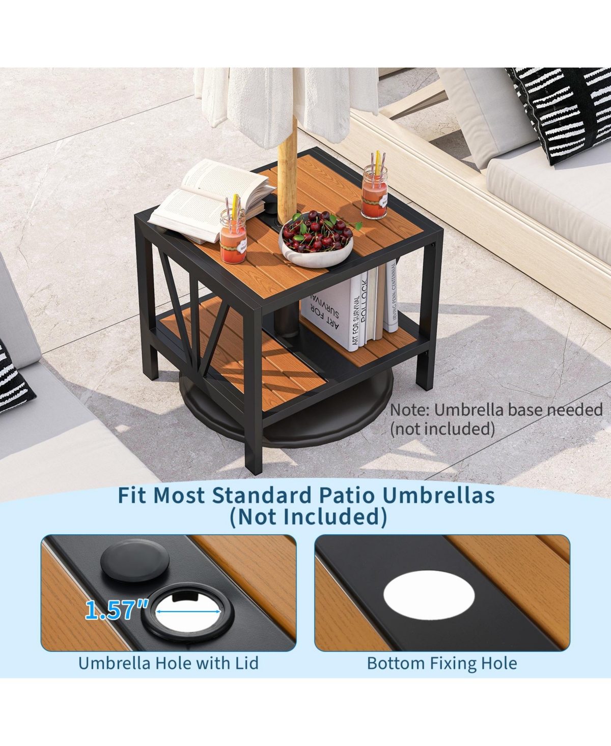 Mecale 20.5 in Patio Side Table with Umbrella Hole and Storage Shelf