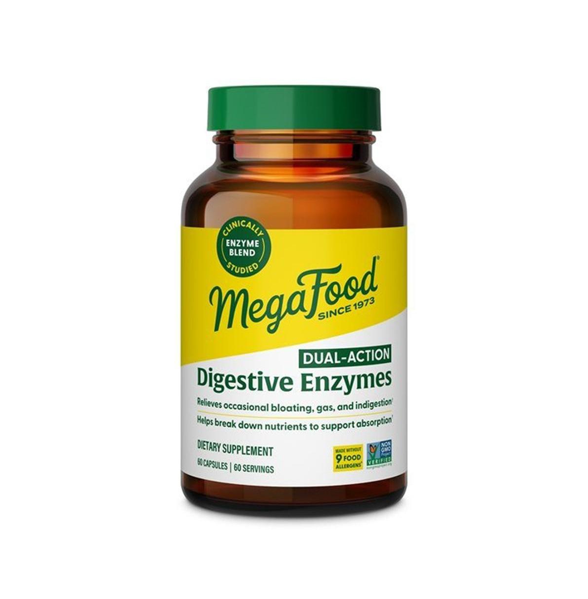 MegaFood Dual-Action Digestive Enzymes for Women and Men Gas and Bloating Relief 60 Capsules