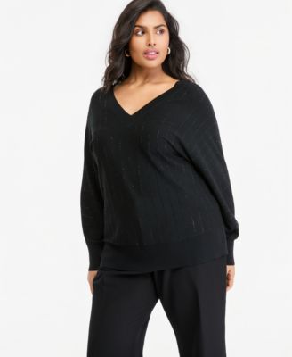 Plus Size Rhinestone-Stripe V-Neck Pullover Sweater