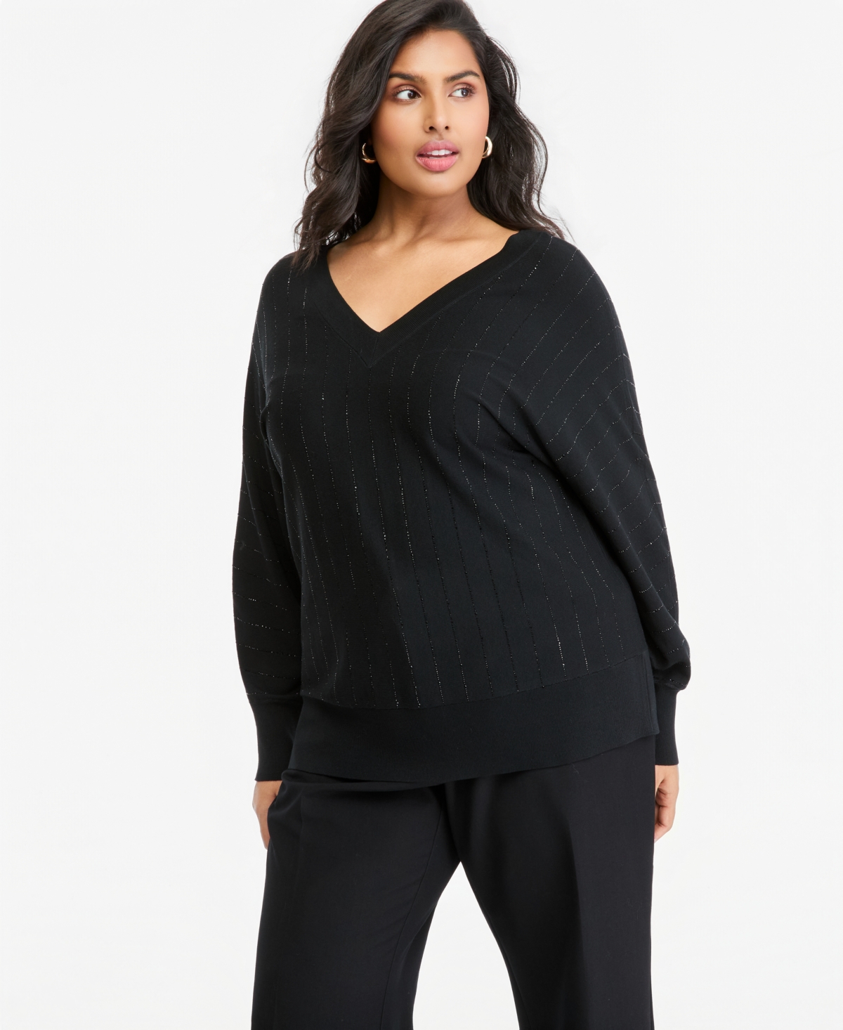 I.n.c. International Concepts Plus Rhinestone-Stripe V-Neck Pullover Sweater, Macy's Exclusive