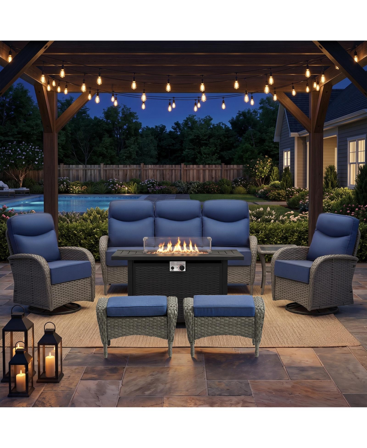 Pocassy 7 Pieces Patio Furniture Set with Fire Pit High Back Outdoor 6-inch Cushions Wicker Swivel Rocker Chairs