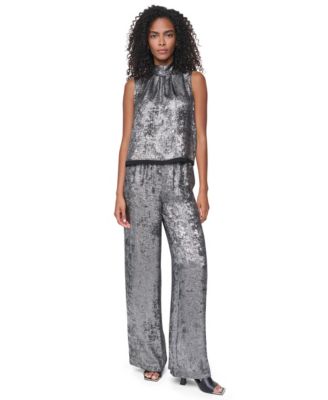 Women's Empire State Steel Mock Mock Neck Swing Cocktail Blouse & Pull Velvet High-Rise Wide-Leg Pants