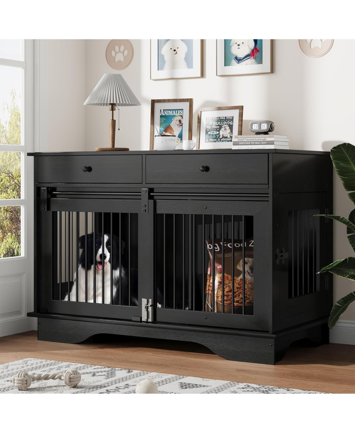 gaomon 47 inch Double Dog Crate Furniture – Removable Divider and 2 Drawers, Decorative Tv Stand Side Table for Large/Medium/Small Dogs