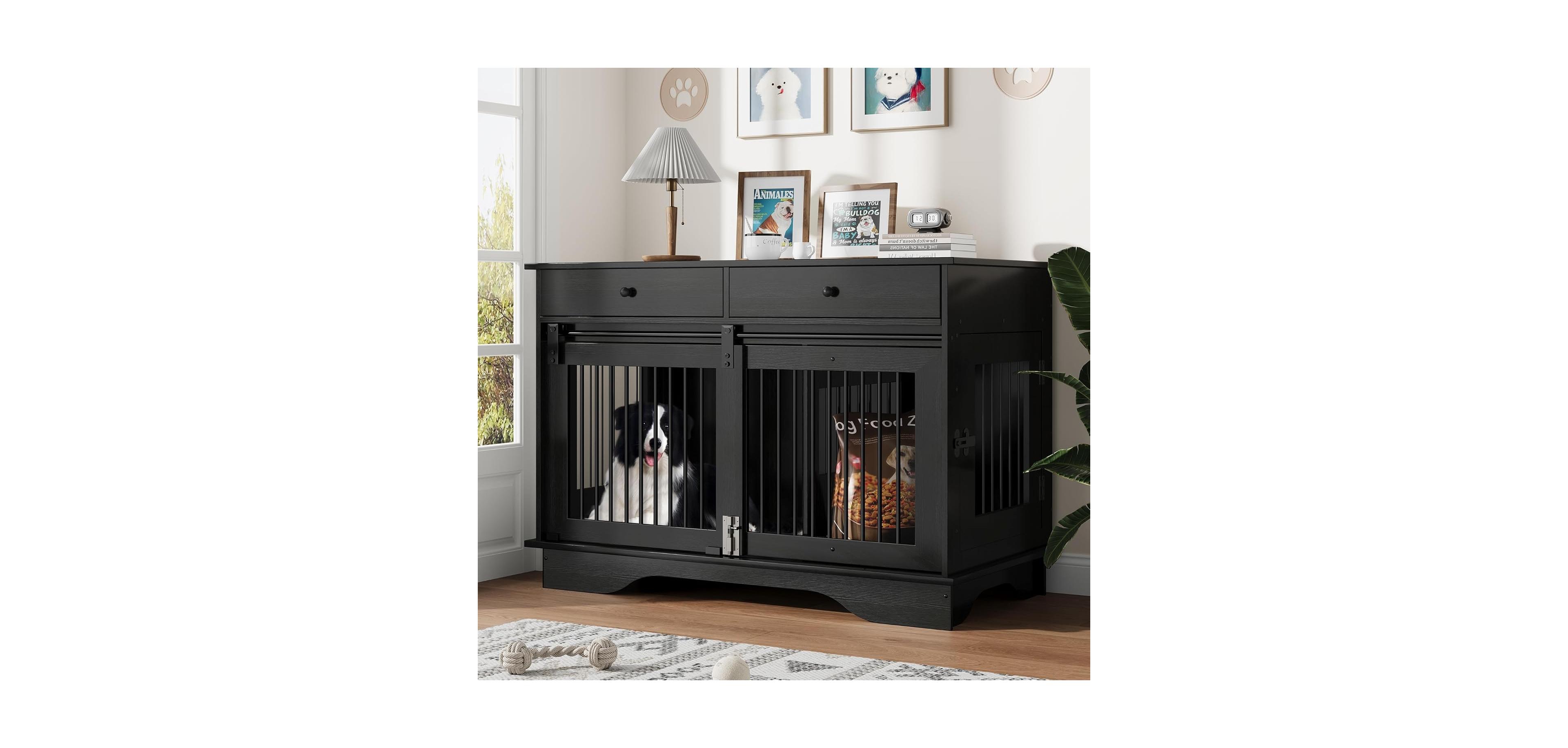 gaomon 47 inch Double Dog Crate Furniture – Removable Divider and 2 Drawers, Decorative Tv Stand Side Table for Large/Medium/Small Dogs