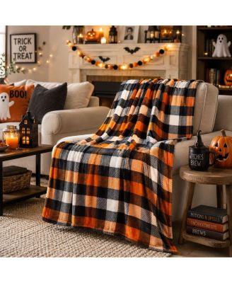 Fall Halloween Harvest Plaid Ultra Soft Oversized Accent Plush Throw Blanket