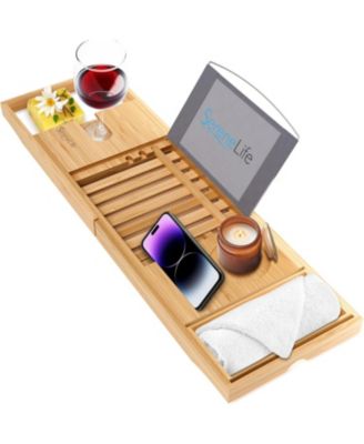 Toddler Luxury Bamboo Bathtub Caddy Tray, Adjustable Bath Organizer With Wine Holder and Phone Slot