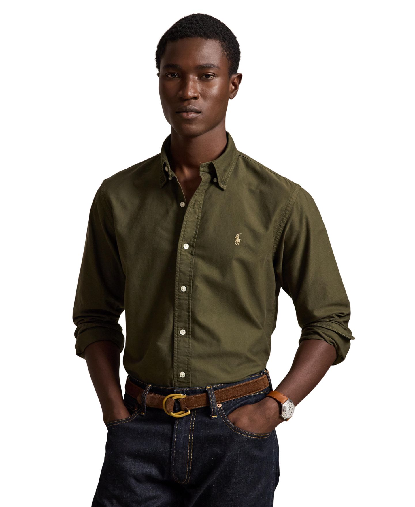 Мужская рубашка Polo Ralph Lauren Custom Fit Garment-Dyed Oxford, цвет: Оливковый — фото 1