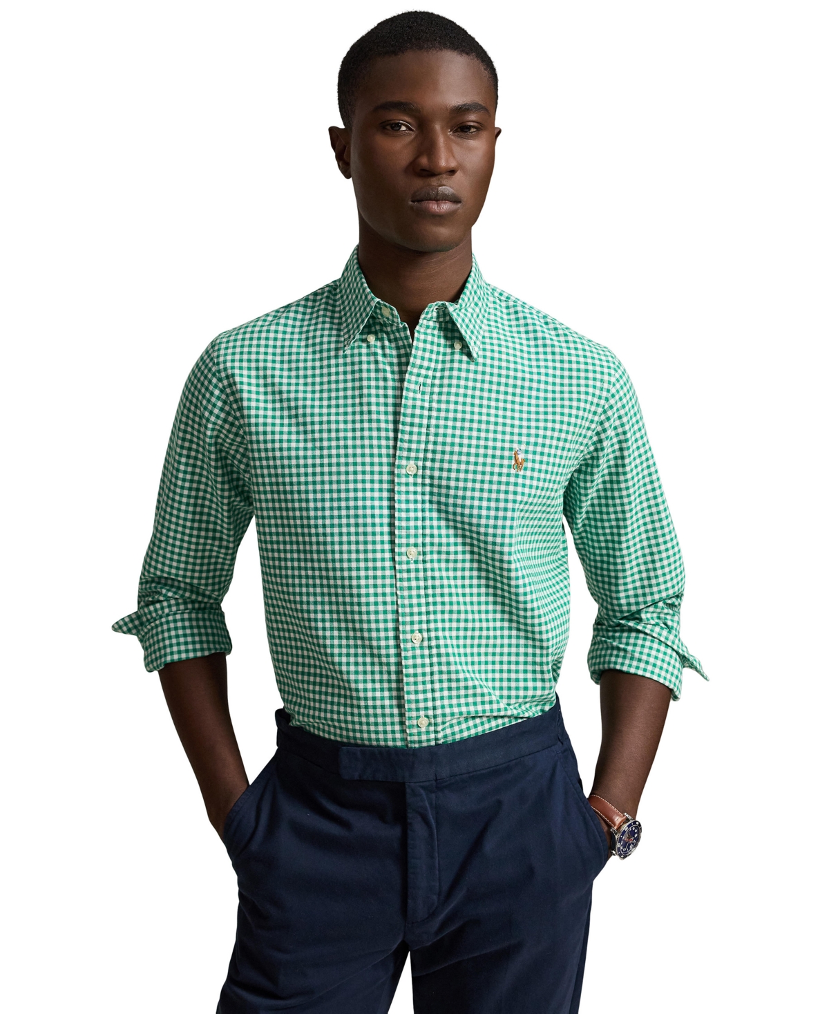Polo Ralph Lauren Men's Custom-fit Gingham Oxford Shirt In 4338w Scarab Green White