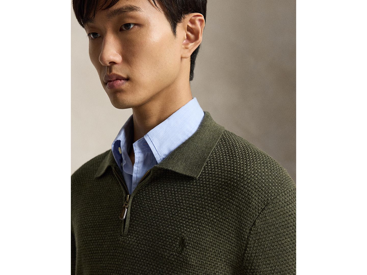 Мужской свитер Polo Ralph Lauren Quarter-Zip Polo-Collar Regular-Fit Wool, цвет: Оливковый меланжевый — фото 3
