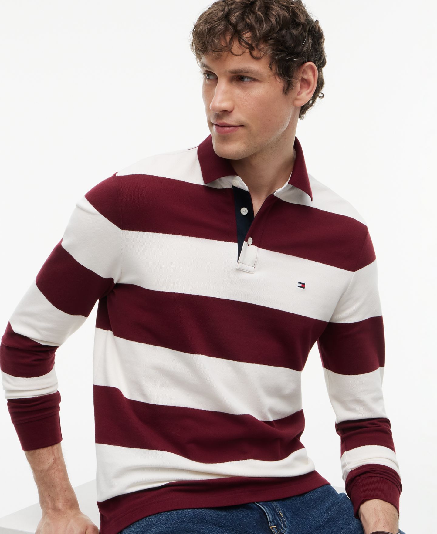 Мужское поло Tommy Hilfiger Striped Classic Rugby Polo Shirt, цвет: Бордовый / Слоновая кость — фото 3