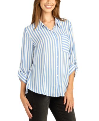 Juniors' Striped Roll-Tab Long-Sleeve Button-Up Top