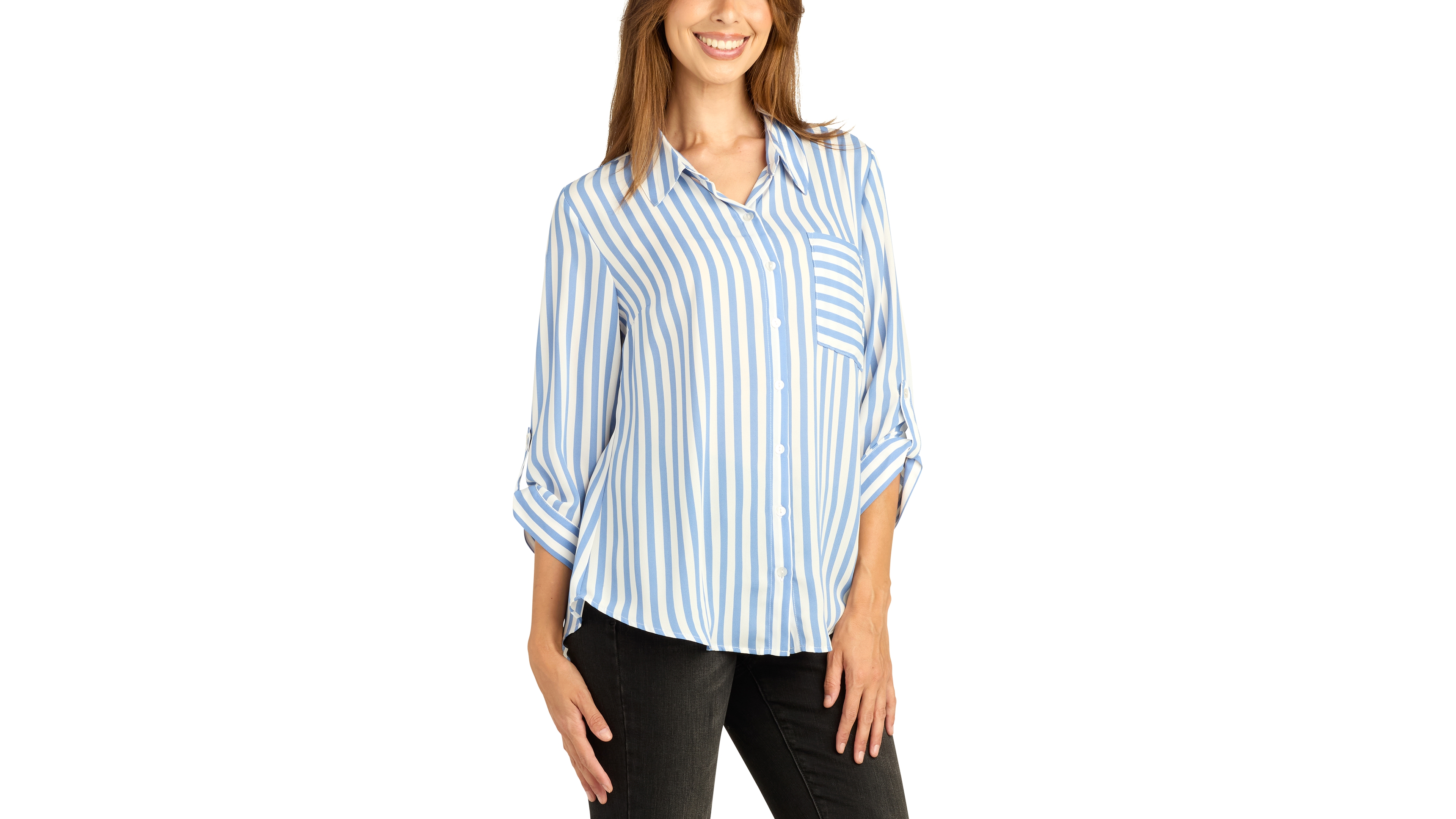 Bcx Juniors' Striped Roll-Tab Long-Sleeve Button-Up Top