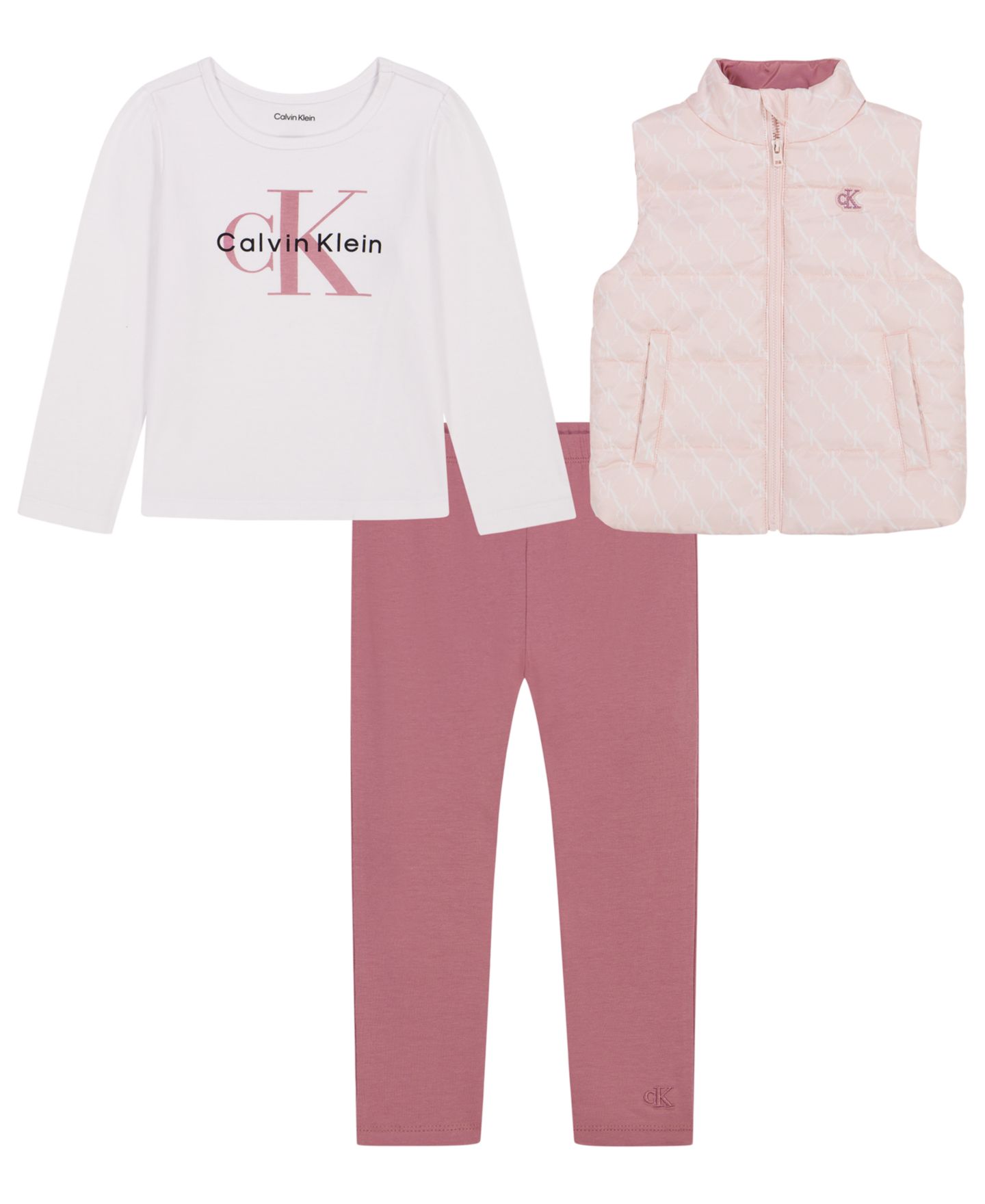 Детский комплект Calvin Klein из 3 предметов: стёганый жилет, лонгслив, легинсы, 4-16, цвет: Розовый — фото 4