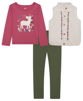Girls' 2T-16 Long Sleeve Sherpa Embroidered Vest, T-Shirt and Leggings, 3-Piece Set