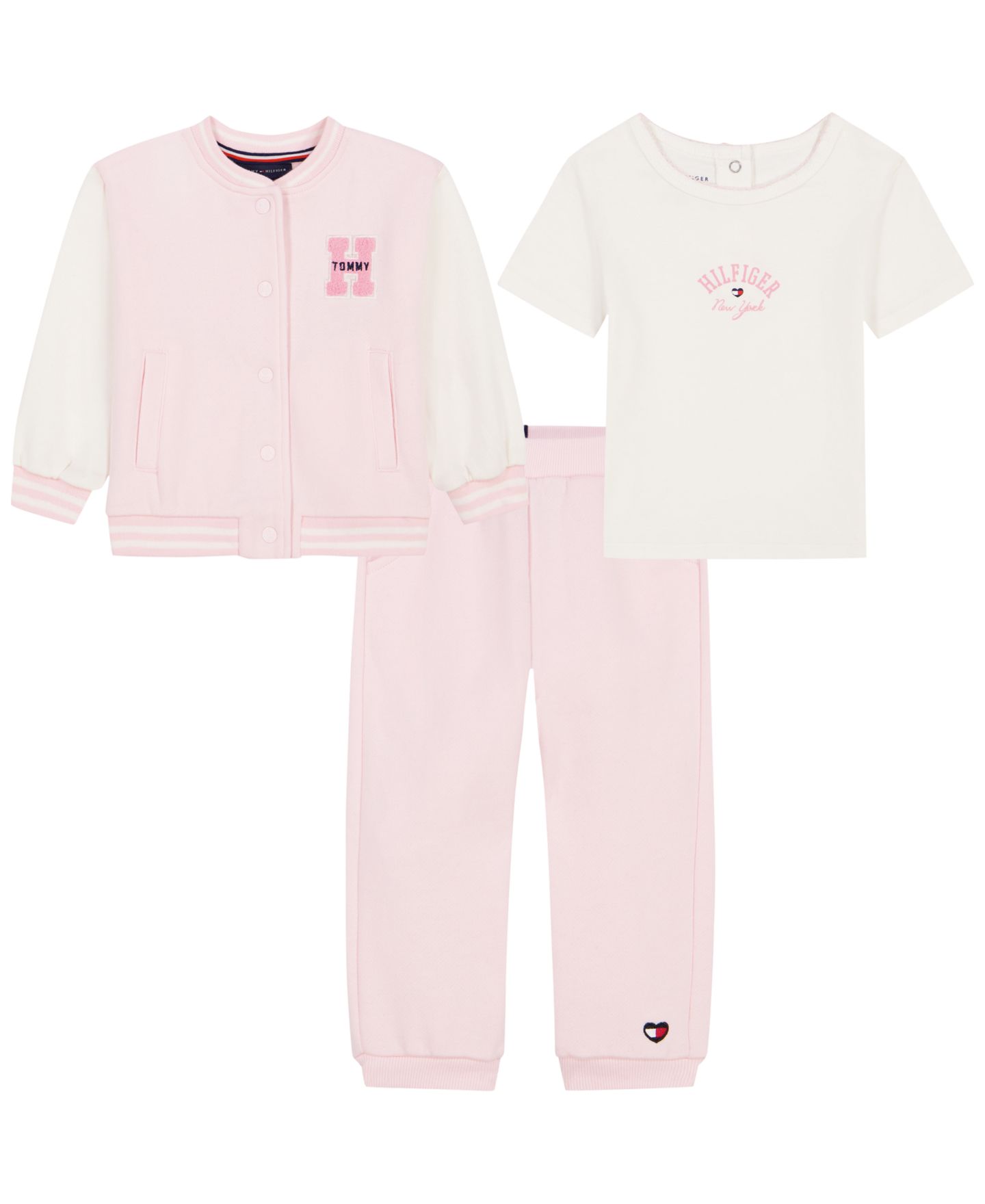 Комплекты Tommy Hilfiger Fleece Easy-On/Easy-Off Jacket, T-Shirt and Joggers, 3-Piece Set для девочек-малышей, цвет: Розовый — фото 1