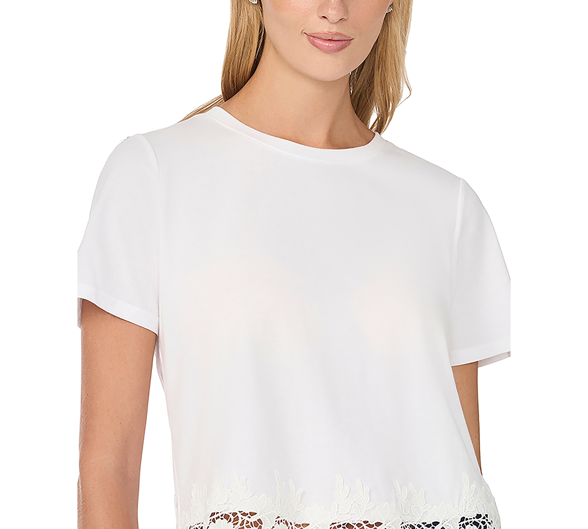 CeCe Women's Cropped Boxy Tee With Lace Trim T-Shirt
