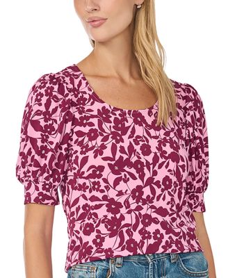 Women's Floral-Print Shirred Short-Sleeve Crewneck Blouse