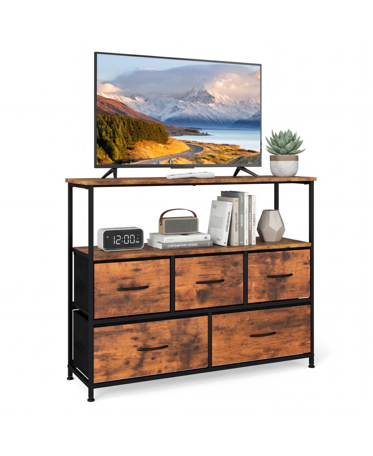 Mecale Tv Stand Dresser for 45 in Tv 5 Fabric Drawer Entertainment Center