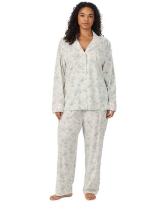 Plus Size Long-Sleeve Notch-Collar Floral-Print Top and Pajama Pants, 2-Piece Set