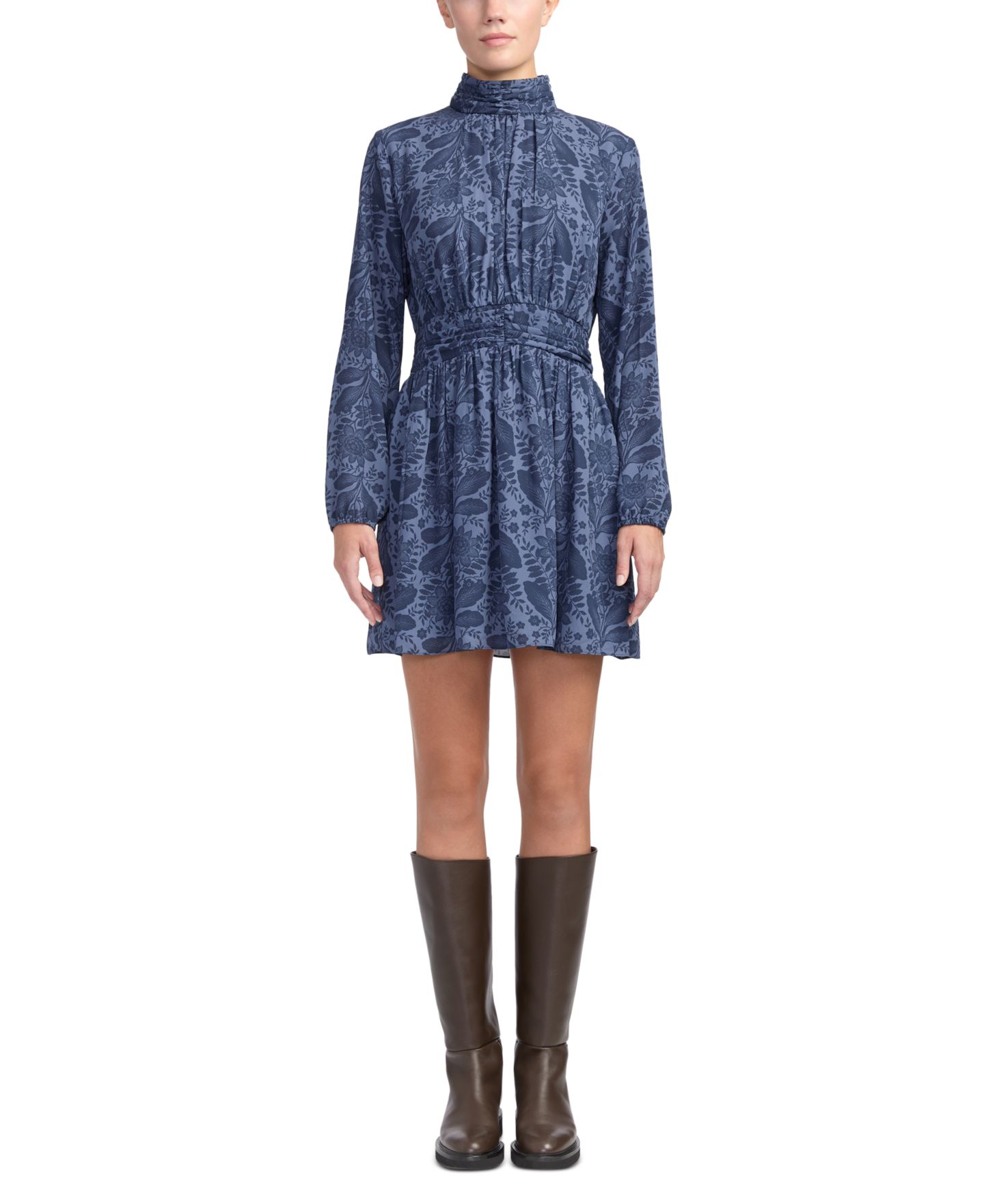 Женское платье Derek Lam 10 Crosby Zaylen Long-Sleeve Floral Fit & Flare Mini, цвет: Синий с принтом — фото 1