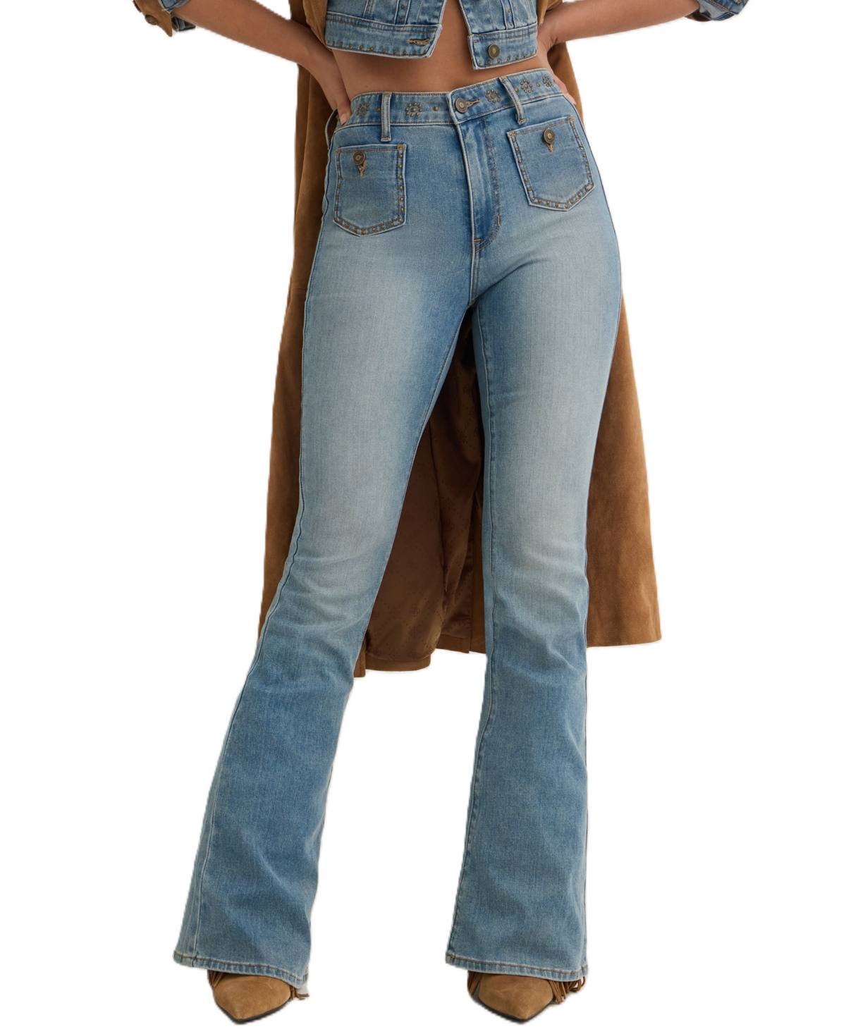Guess Womens Cropped Studded Belle High Rise Flare Stretch Denim