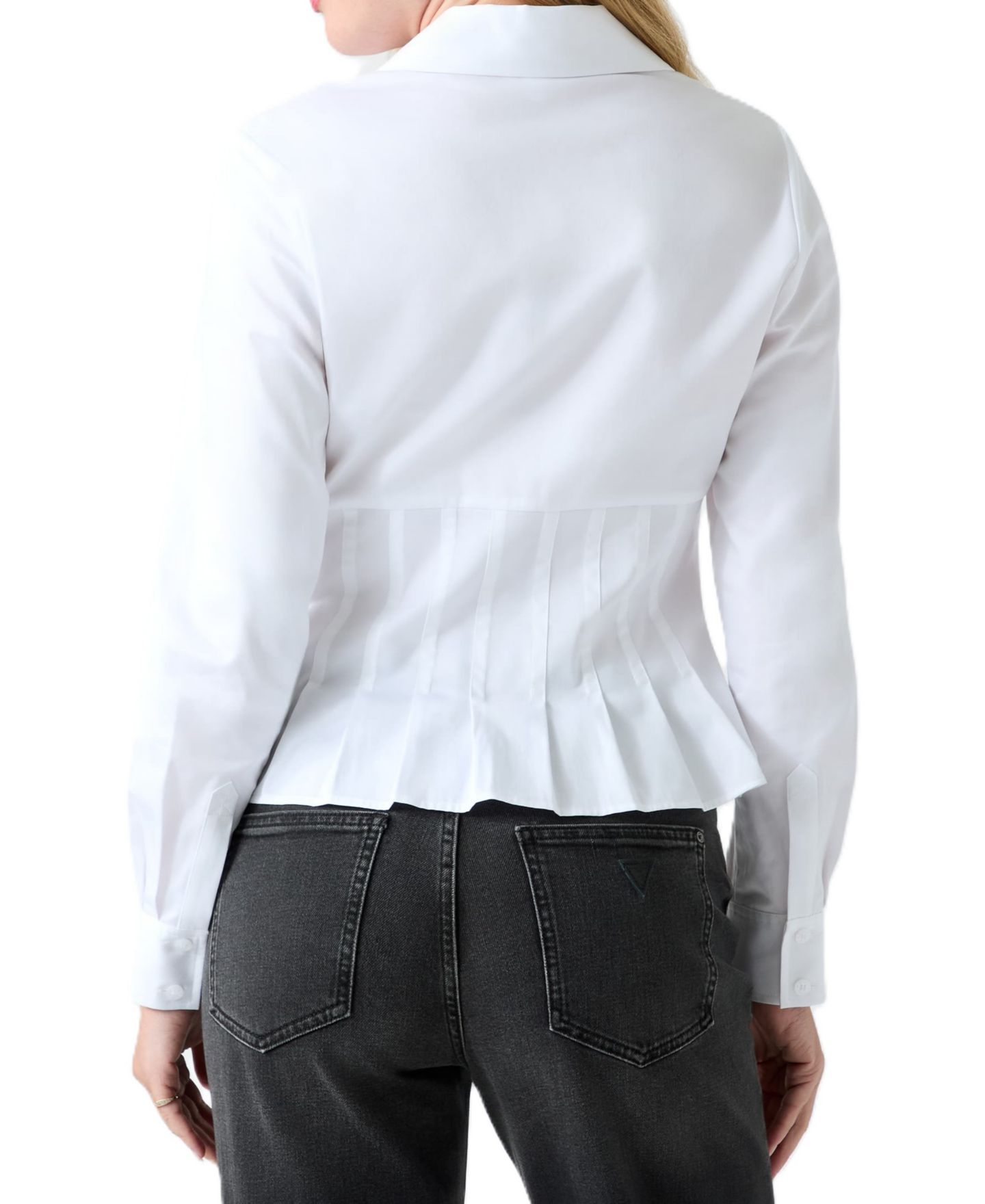Женская блузка GUESS Serena Long Sleeve Collared Pleated Peplum Cotton-Blend Blouse, цвет: Чистый белый — фото 5