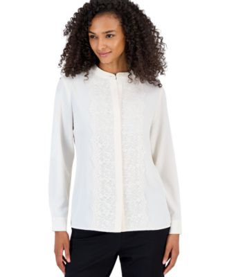 Petite Flutter Long-Sleeve Collared Lace Placket Blouse