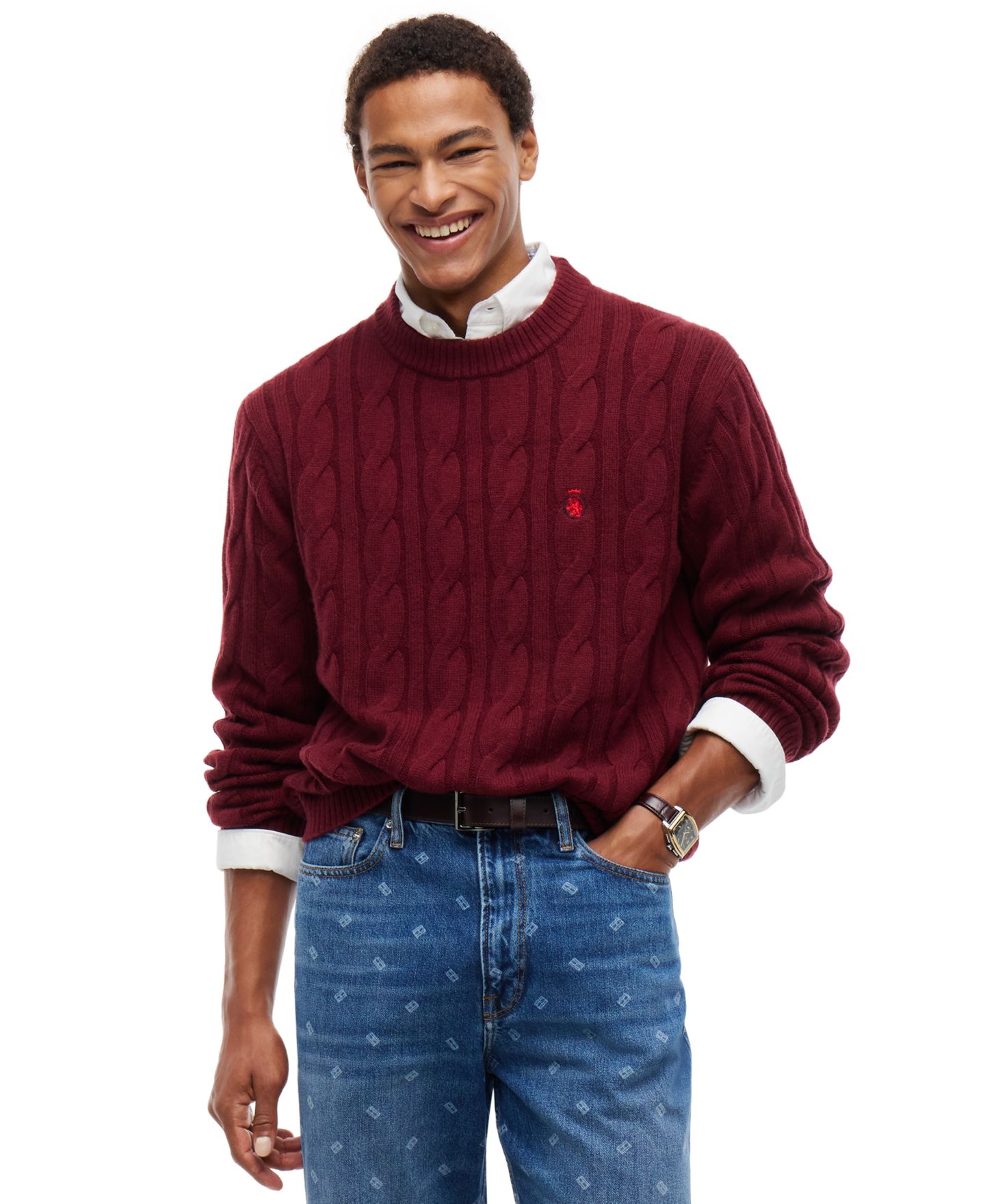 Мужской свитер Tommy Hilfiger American Icons Cable Crewneck Lambswool, цвет: Бордовый — фото 1