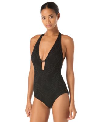 Women's Plunge V-Neck Crochet Ruched One-Piece Swimsuit