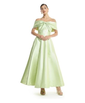 Women's Off-Shoulder Bow Front Tea Length Midi Dress in Satin